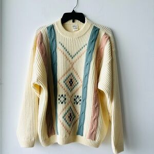 Men’s 90s Vintage Cable Knit Sweater Ivory Pink Blue Wool Blend Grandpa Medium